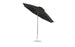 The Ledge Lounger Essential Fiberglass Umbrella features marine-grade fabrics and a brown pole, with an 11 octagon crank and auto tilt mechanism. It is black with a round base, partially tilted to the side to reveal its metal ribs.