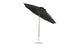 The Ledge Lounger Essential Fiberglass Umbrella features marine-grade fabrics and a brown pole, with an 11 octagon crank and auto tilt mechanism. It is black with a round base, partially tilted to the side to reveal its metal ribs.