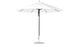 The Ledge Lounger Essential Fiberglass Umbrella features a sleek, minimalist design with a white wind-resistant, marine-grade 11 octagon canopy supported by multiple ribs, a central black pole, and a round silver base for an elegant outdoor look.