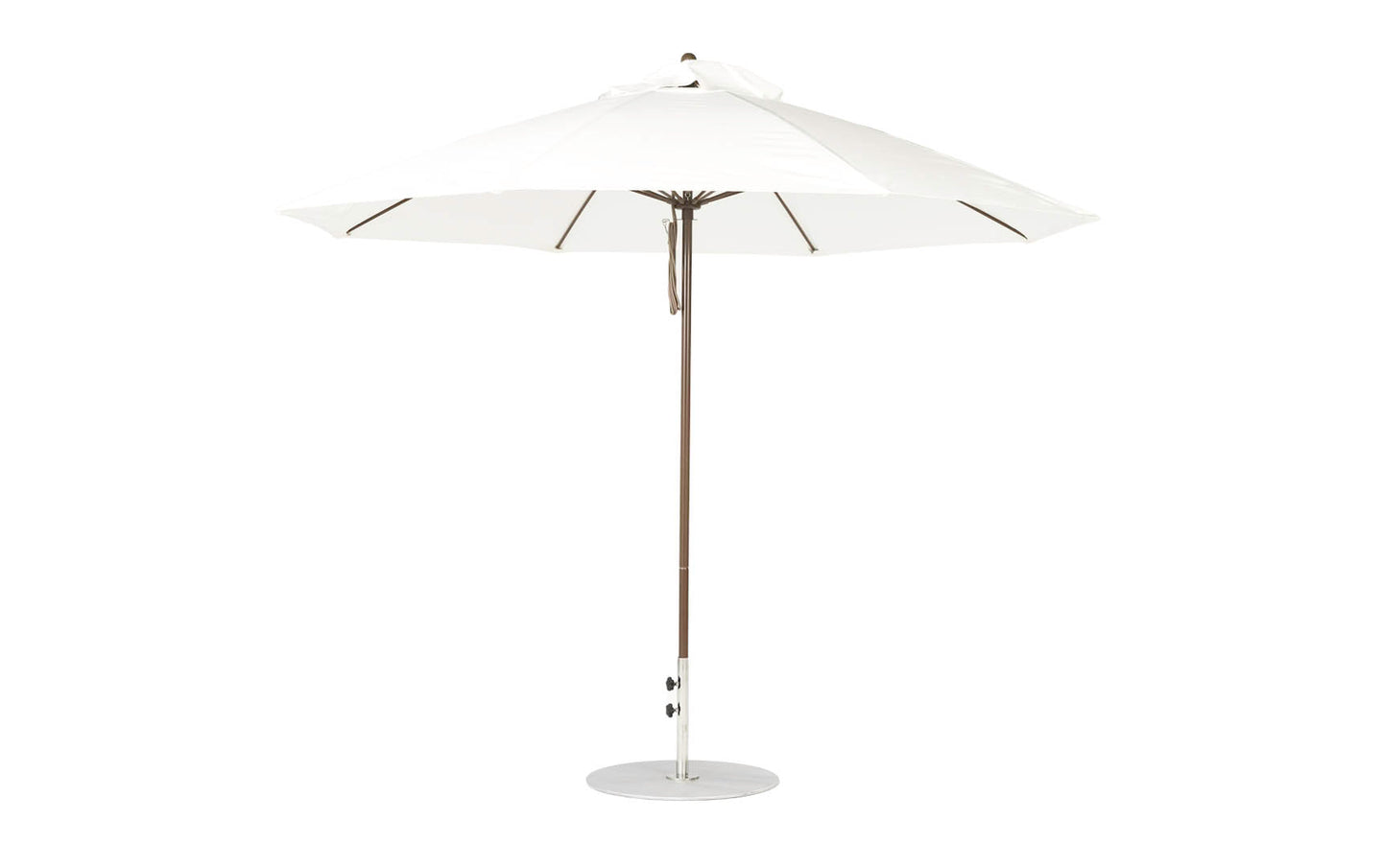 The Ledge Lounger Essential Fiberglass Umbrella - 11 Octagon Pulley features a wide canvas canopy and sleek, minimalist design. It boasts a smooth silver pole and round base, crafted from marine-grade fabrics for lasting durability in any environment, against a plain white background.