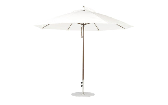 The Ledge Lounger Essential Fiberglass Umbrella - 11 Octagon Pulley features a wide canvas canopy and sleek, minimalist design. It boasts a smooth silver pole and round base, crafted from marine-grade fabrics for lasting durability in any environment, against a plain white background.