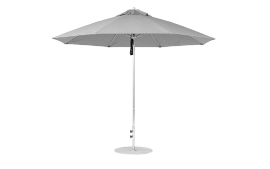 The Ledge Lounger Essential Fiberglass Umbrella features an 11 octagon canopy made from marine-grade fabrics, a metal pole, and a round base. Displayed against a white background, this durable umbrella includes an open, wide circular design for patio use.