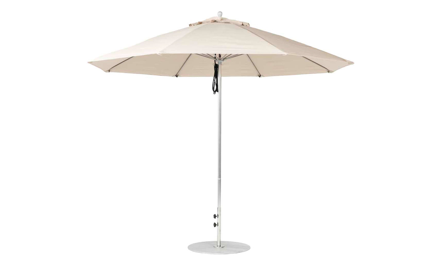 The Ledge Lounger Essential Fiberglass Umbrella features an 11 octagon beige canopy of marine-grade fabric and a silver pole on a white background. Wind-resistant and open, its pole is anchored in a circular base.