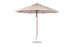 The Ledge Lounger Essential Fiberglass Umbrella features an 11 octagon canopy in marine-grade fabric, a slender metal pole, and a circular base, perfect for providing shade outdoors.
