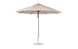The Ledge Lounger Essential Fiberglass Umbrella features an 11 octagon canopy in marine-grade fabric, a slender metal pole, and a circular base, perfect for providing shade outdoors.