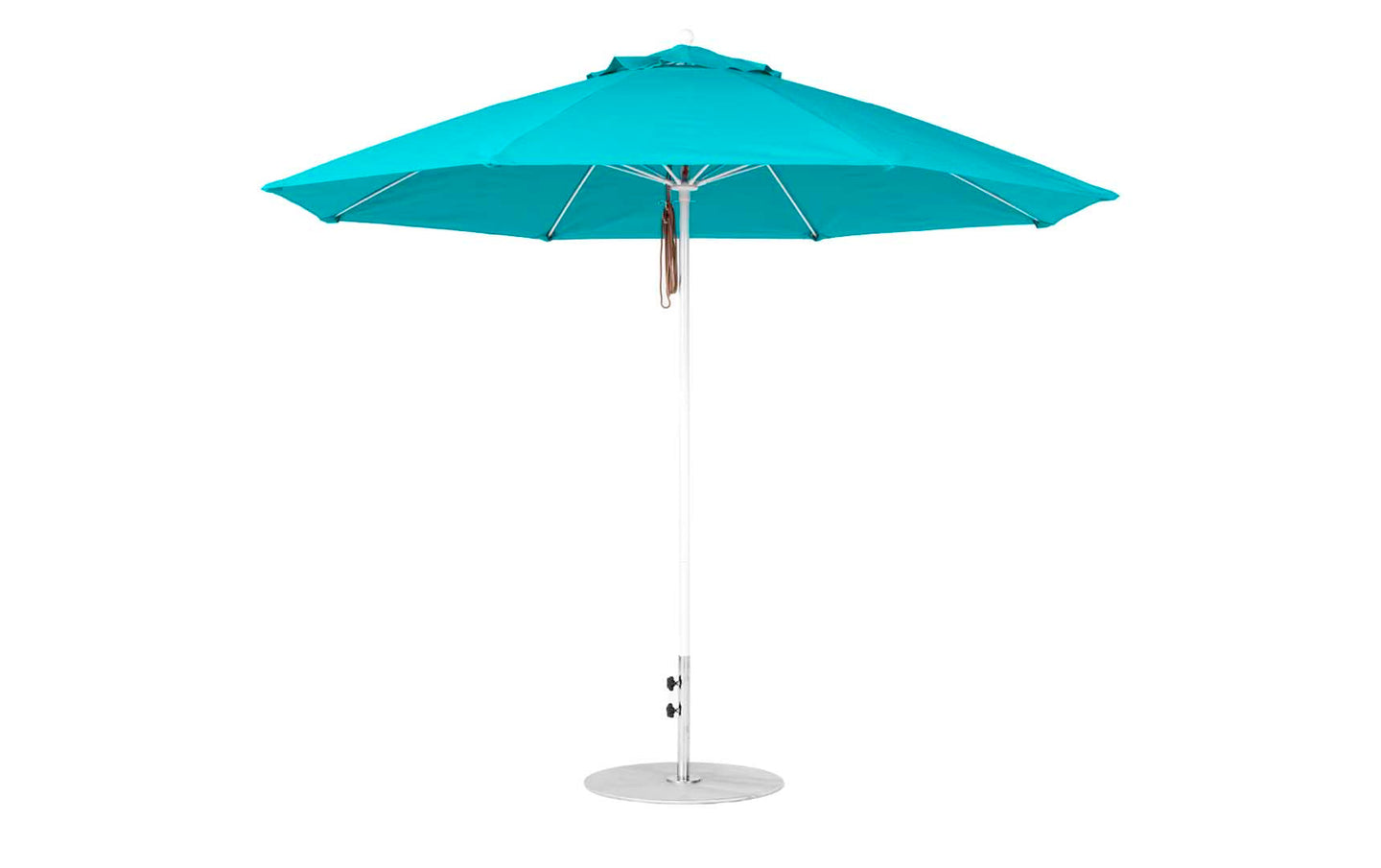The Essential Fiberglass Umbrella by Ledge Lounger is an 11 octagon turquoise outdoor umbrella with a silver pole and round base. Featuring marine-grade fabrics and eight panels, this wind-resistant canopy ensures enhanced durability.