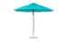 The turquoise Essential Fiberglass Umbrella by Ledge Lounger features an 11 octagon canopy and a wooden pole on a circular base. Its marine-grade fabric provides wind resistance, shade, and a vibrant pop of color for any outdoor space.
