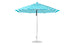 The Ledge Lounger Essential Fiberglass Umbrella features a sturdy metal pole, blue and white marine-grade fabrics, an octagonal design with a circular base, and a pulley mechanism. Its chic style and functionality make it ideal for outdoor spaces.