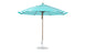 The Ledge Lounger Essential Fiberglass Umbrella - 11 Octagon Pulley, featuring wind-resistant marine-grade fabrics with a tall blue and white striped pattern, stands upright on a slim metal pole with a round base, isolated against a plain white background.