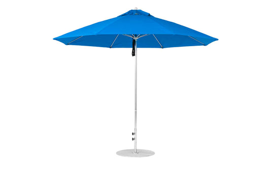 The Ledge Lounger Essential Fiberglass Umbrella - 11 Octagon Pulley features a metal pole on a circular base. Crafted with marine-grade fabrics, it showcases a simple, modern design that ensures outstanding durability against the elements.