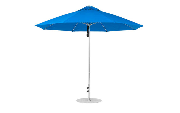 The Ledge Lounger Essential Fiberglass Umbrella - 11 Octagon Pulley features a metal pole on a circular base. Crafted with marine-grade fabrics, it showcases a simple, modern design that ensures outstanding durability against the elements.