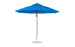 The Ledge Lounger Essential Fiberglass Umbrella features an 11 octagon canopy in blue with a white pole and round base. Made from marine-grade fabrics, its wind-resistant and boasts a classic design perfect for outdoor shading.