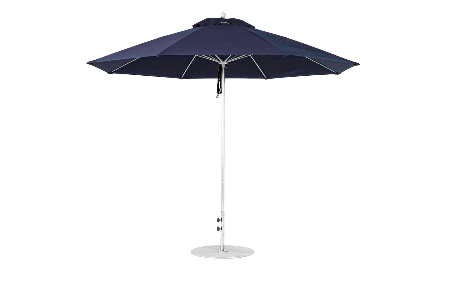 The Ledge Lounger Essential Fiberglass Umbrella features a wide, slightly domed canopy made from marine-grade fabrics. This durable 11 octagon umbrella with a sturdy metal pole stands on a circular base, offering ample shade for any outdoor space.
