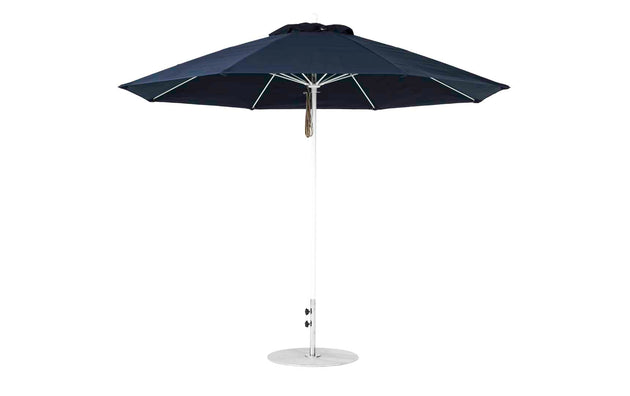 The Essential Fiberglass Umbrella from Ledge Lounger features a black octagon canopy made of marine-grade fabric, a white pole, and a round metal base, all set against a pristine white background.