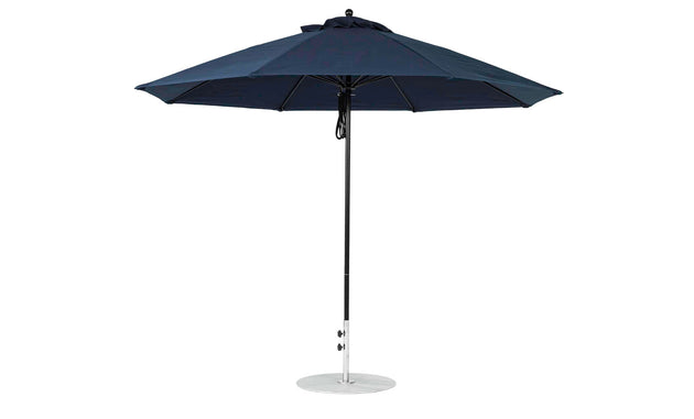 The Ledge Lounger Essential Fiberglass Umbrella features an 11 octagon canopy and metal pole on a circular base. Its fully open, showcasing its wind-resistant, simple yet modern design with durable marine-grade fabrics, ideal for outdoor use.