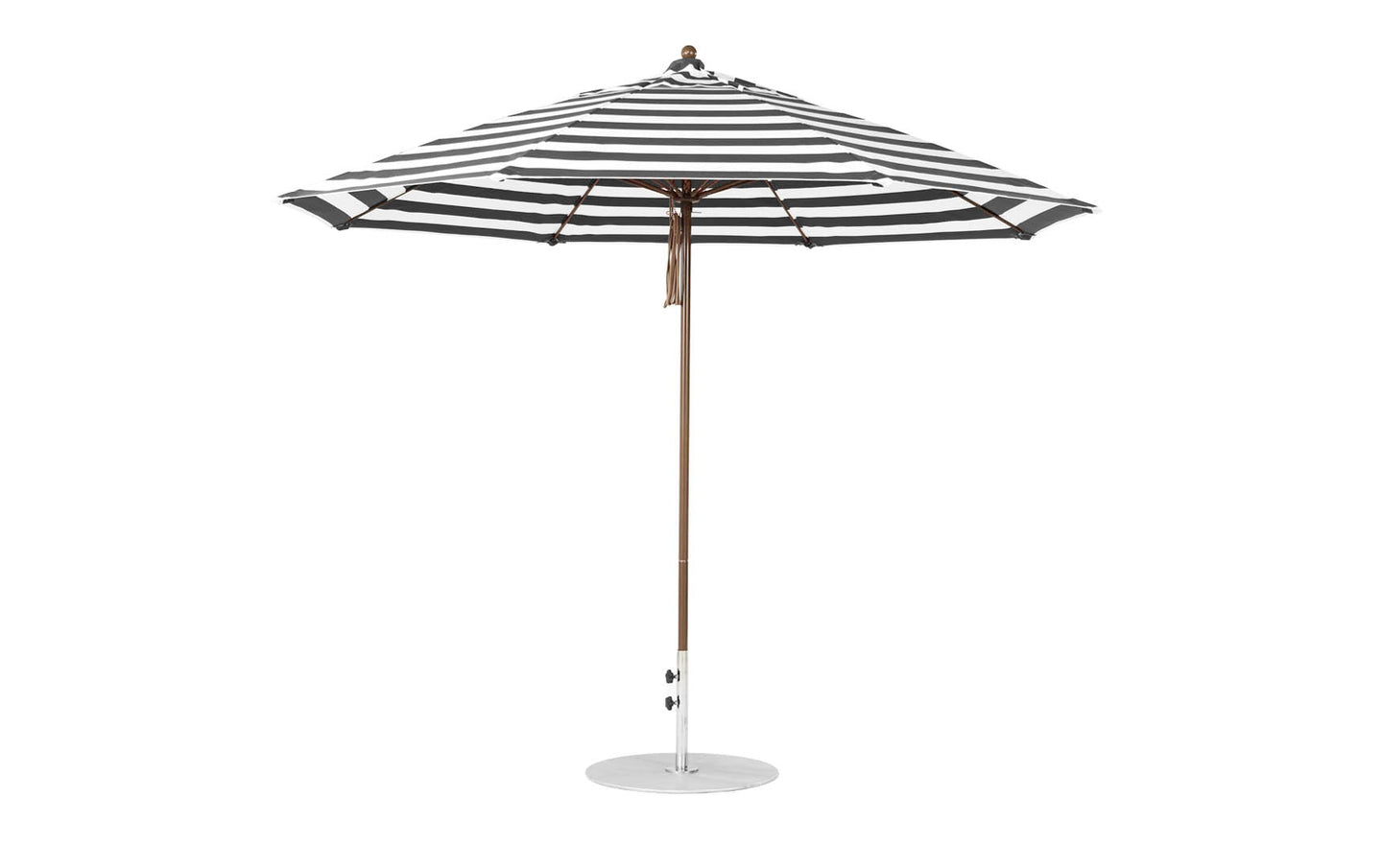 The Essential Fiberglass Umbrella by Ledge Lounger features an 11 octagon canopy in black and white stripes, supported by a wooden pole on a circular metal base. The canopy is fully open, crafted from marine-grade fabrics for enhanced durability.