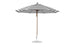 The Essential Fiberglass Umbrella by Ledge Lounger features an 11 octagon canopy in black and white stripes, supported by a wooden pole on a circular metal base. The canopy is fully open, crafted from marine-grade fabrics for enhanced durability.