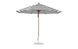 The Essential Fiberglass Umbrella by Ledge Lounger features an 11 octagon canopy in black and white stripes, supported by a wooden pole on a circular metal base. The canopy is fully open, crafted from marine-grade fabrics for enhanced durability.