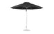 The Essential Fiberglass Umbrella by Ledge Lounger, an 11 octagon pulley design in black with marine-grade fabric, features a silver metal pole and round base. Displayed against a white background, its open eight-rib structure offers wind resistance for lasting durability.