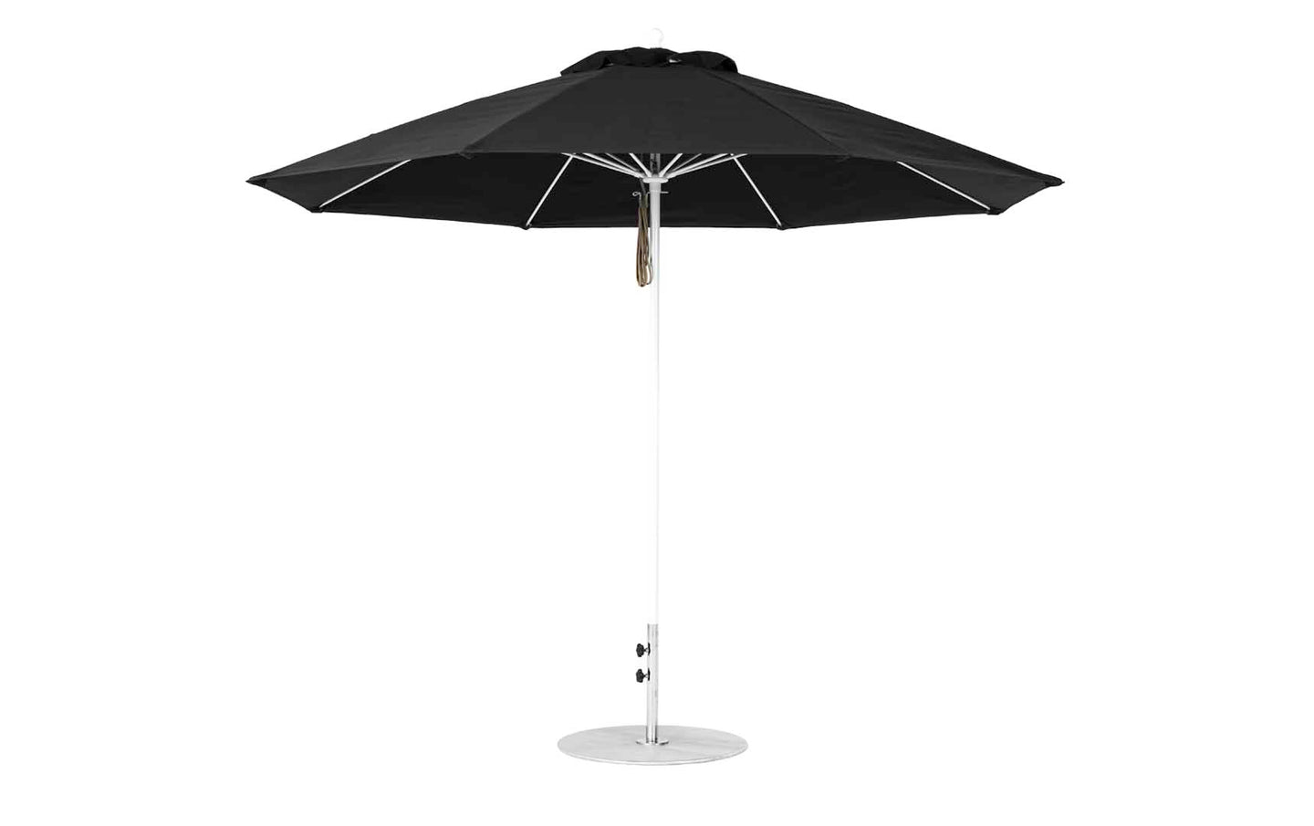 The Ledge Lounger Essential Fiberglass Umbrella, an 11 octagon pulley design in black, features a marine-grade fabric and metal pole with a circular base. Its eight-panel structure ensures durability and wind resistance while adding style to your outdoor space.