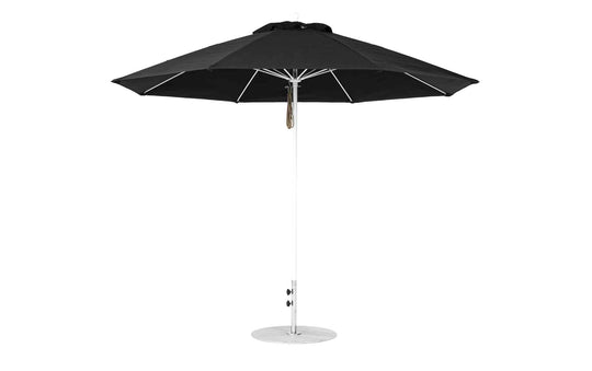 The Ledge Lounger Essential Fiberglass Umbrella, an 11 octagon pulley design in black, features a marine-grade fabric and metal pole with a circular base. Its eight-panel structure ensures durability and wind resistance while adding style to your outdoor space.