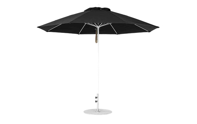 The Ledge Lounger Essential Fiberglass Umbrella, an 11 octagon pulley design in black, features a marine-grade fabric and metal pole with a circular base. Its eight-panel structure ensures durability and wind resistance while adding style to your outdoor space.