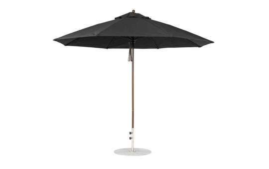 The Ledge Loungers Essential Fiberglass Umbrella features an 11 octagon canopy, black design, marine-grade fabric, a silver pole, and a round white base. This wind-resistant umbrella has a sleek modern look and offers wide coverage when fully opened.