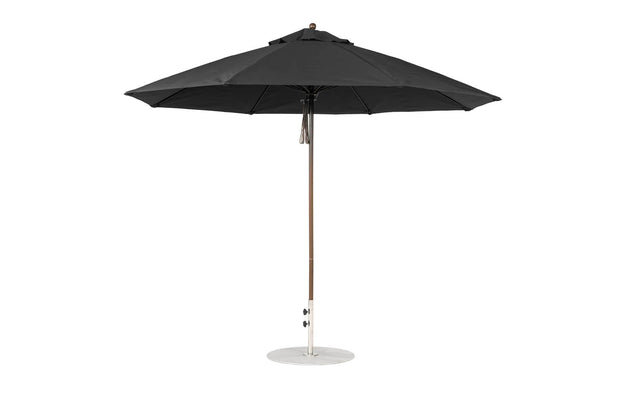 The Ledge Loungers Essential Fiberglass Umbrella features an 11 octagon canopy, black design, marine-grade fabric, a silver pole, and a round white base. This wind-resistant umbrella has a sleek modern look and offers wide coverage when fully opened.