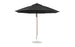 The Ledge Loungers Essential Fiberglass Umbrella features an 11 octagon canopy, black design, marine-grade fabric, a silver pole, and a round white base. This wind-resistant umbrella has a sleek modern look and offers wide coverage when fully opened.