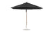 The Ledge Loungers Essential Fiberglass Umbrella features an 11 octagon canopy, black design, marine-grade fabric, a silver pole, and a round white base. This wind-resistant umbrella has a sleek modern look and offers wide coverage when fully opened.