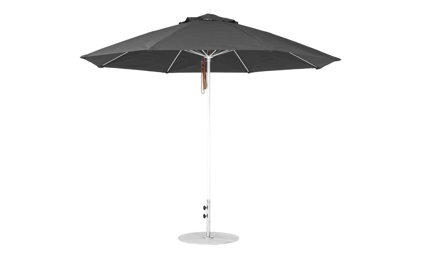 The Essential Fiberglass Umbrella - 11 Octagon Pulley by Ledge Lounger features marine-grade fabrics and a silver pole with a round base, standing open on a white background. Its elegant conical design is perfect for outdoor use, providing shade and wind resistance.