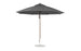 The 11 Octagon Pulley Essential Fiberglass Umbrella by Ledge Lounger stands upright with a wooden pole and metal base. Its sleek, modern design, wind resistance, and marine-grade fabrics make it ideal for any outdoor setting.