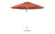 The Ledge Lounger Essential Fiberglass Umbrella features a rust-colored canopy made from marine-grade fabrics, an 11 octagon shape with a pulley system, a straight white pole, and sits on a circular flat base.