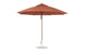 The Ledge Lounger Essential Fiberglass Umbrella, an 11 Octagon Pulley in brown with marine-grade fabrics and a metal pole with a round base, is showcased fully opened against a plain white background.