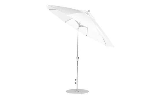 Introducing the Essential Fiberglass Umbrella by Ledge Lounger, a 9 octagon umbrella made with wind-resistant marine-grade fabric. It features a sleek design with a circular base, adjustable pole, angled canopy, and crank auto tilt to display its minimalistic style in white.