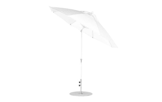 The Ledge Loungers Essential Fiberglass Umbrella - 9 Octagon Crank Auto Tilt has a white marine-grade fabric canopy, metal pole, and round base, with a slight tilt.