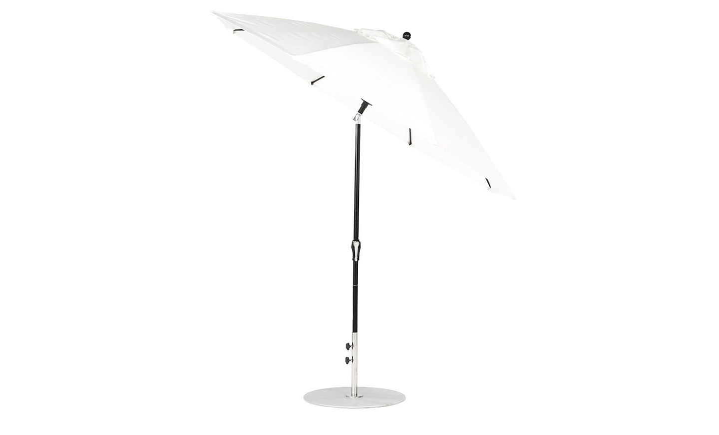 The Ledge Lounger Essential Fiberglass Umbrella features a 9 octagon canopy made of marine-grade fabrics, a black pole, and a round silver base. It stands open against a white background with an auto tilt crank mechanism for easy adjustment.