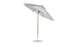 A Ledge Loungers Essential Fiberglass Umbrella features a wood pole, silver metal base, and marine-grade fabrics, open and slightly tilted against a white background. It’s an elegant, wind-resistant 9 octagon umbrella with crank auto tilt.