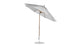 A Ledge Loungers Essential Fiberglass Umbrella features a wood pole, silver metal base, and marine-grade fabrics, open and slightly tilted against a white background. It’s an elegant, wind-resistant 9 octagon umbrella with crank auto tilt.