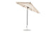 The open 9 beige Ledge Lounger Essential Fiberglass Umbrella, boasting marine-grade fabric and a central black pole, stands on a round metal base with its ribs and canopy slightly tilted against a white backdrop.