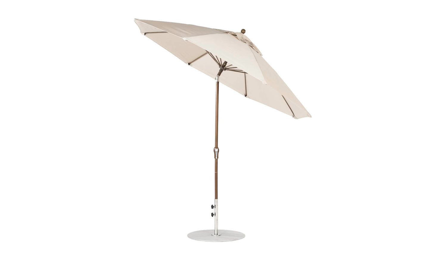 The Ledge Lounger Essential Fiberglass Umbrella - 9 Octagon Crank Auto Tilt features a beige marine-grade fabric canopy, a sturdy metal pole, and a round base. Its minimalist design with central support makes it ideal for any patio setting.