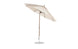 The Ledge Lounger Essential Fiberglass Umbrella - 9 Octagon Crank Auto Tilt features a beige marine-grade fabric canopy, a sturdy metal pole, and a round base. Its minimalist design with central support makes it ideal for any patio setting.