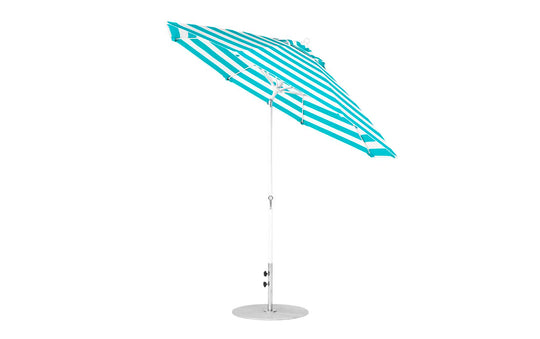 The Ledge Loungers Essential Fiberglass Umbrella features a turquoise and white striped design, a crank auto-tilt function, and stands on a sturdy metallic base against a white background. This 9 octagonal umbrella offers elegance and durability with marine-grade fabrics.