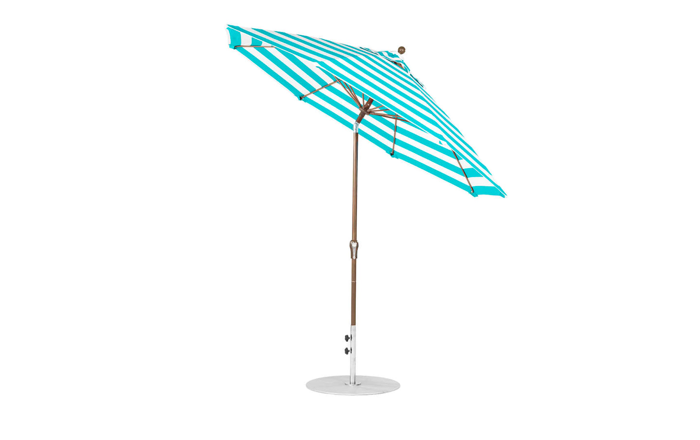 The Ledge Lounger Essential Fiberglass Umbrella - 9 Octagon Crank Auto Tilt, with marine-grade turquoise and white stripes, features a wooden pole and a sturdy white circular base. Slightly tilted open, it stands elegantly against the plain white background.