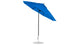 The Ledge Lounger Essential Fiberglass Umbrella - 9 Octagon Crank Auto Tilt features a silver metal pole on a round base. Its blue canopy, made from marine-grade fabrics, tilts for shade and has adjustable height settings, perfect for patio use.