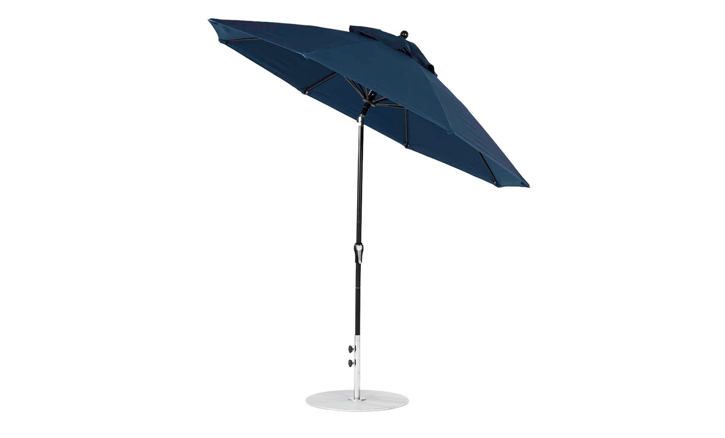The Ledge Lounger Essential Fiberglass Umbrella - 9 Octagon Crank Auto Tilt has a dark blue marine-grade canopy and a sleek design. Its tilted canopy and sturdy black pole ensure easy adjustable shading, while the robust white base makes it ideal for any outdoor setting.