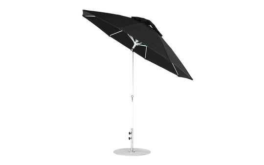 The Ledge Lounger Essential Fiberglass Umbrella features a partially open, modern black design with a sleek silver pole and round metal base. Its marine-grade fabrics make it ideal for patios or gardens, and its equipped with a 9 octagon crank auto tilt.