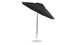 The Ledge Lounger Essential Fiberglass Umbrella, featuring a black canopy and silver metallic pole with a round base, is made from marine-grade fabrics. This 9 octagon crank auto tilt umbrella is elegantly angled to showcase its sturdy support structure.