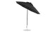 The Ledge Lounger Essential Fiberglass Umbrella, featuring a black canopy and silver metallic pole with a round base, is made from marine-grade fabrics. This 9 octagon crank auto tilt umbrella is elegantly angled to showcase its sturdy support structure.