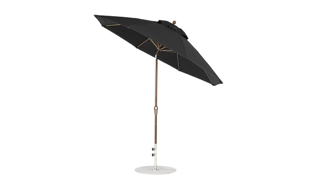 Uncover the Essential Fiberglass Umbrella by Ledge Lounger, boasting a 9 black octagonal canopy made from marine-grade fabrics. Supported by a wooden pole and metal base, it allows for hassle-free angle adjustment with its crank auto-tilt feature, ensuring excellent sun protection.